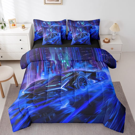 Manfei Fast Car 7-Piece Twin Bedding Sets,Racing Car Bedding Comforter Set,Extreme Sport Breathable Sheet Sets,Breathable Car Room Decorative,Reversible