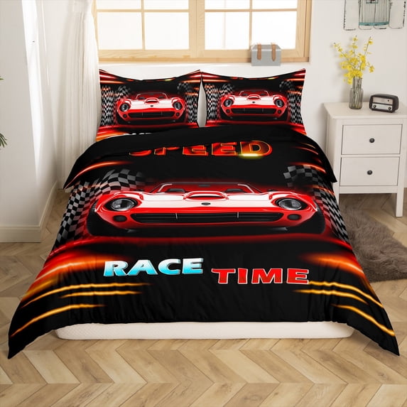 Manfei Fast Car Full Size Comforter Cover 3-Piece for Kids Teens Female Men,Orange Red Bedding Full Size,Car Theme Lightweight Duvet Cover,Microfiber Geometric Room Decorative(No Comforter)