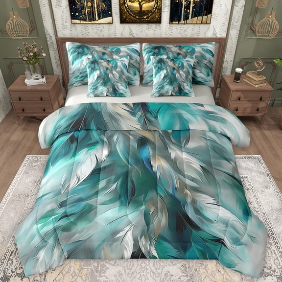 Manfei Feather 7-Piece Twin Bedding Sets,Modern Art Bedding Comforter Set,Cyan White Sheet Sets For Teens,Super Cozy Room Decor Reversible