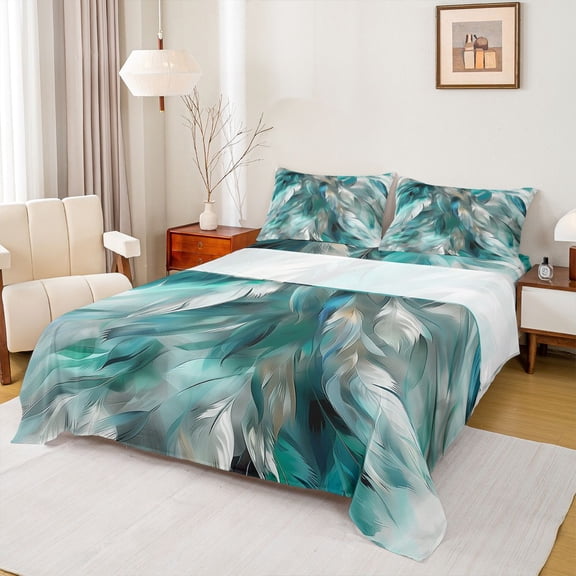 Manfei Feather Twin Sheet Sets,Modern Art Twin Fitted Sheet,Cyan White Flat Sheet For Teens,Super Cozy Room Decor,3-Piece