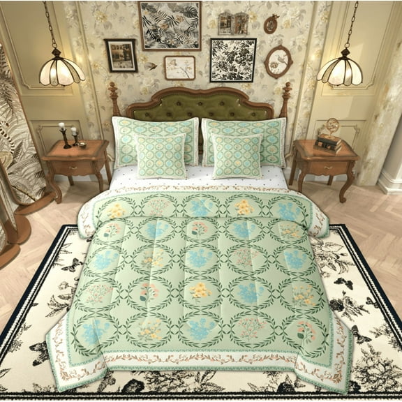 Manfei Female Cartoon Flower Twin Bedding Sets 7-Piece, Vintage French Floral Bedding Comforter Set, Rustic Farmhouse Reversible Sheet Sets, Breathable Home Decor