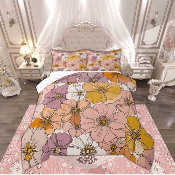 Manfei Female Flower Floral Bedding Comforter Set, Vintage Pink Blossoms Twin Comforter Sets, Western French Style Reversible Bedding Set, Luxury Bedroom Decor, 2 Pieces