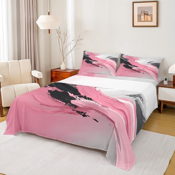 Manfei Female Men Abstract Gradient Oil Painting 4pcs Bed Sheets,Grey Pink King Sheets,Vintage Aesthetic Super Cozy Sheet Set,Lightweight Room Decor