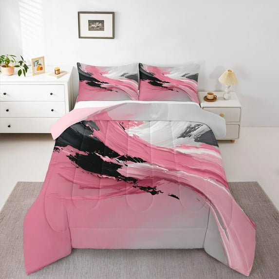 Manfei Female Men Abstract Gradient Oil Painting Bedding Comforter Set 2pcs,Grey Pink Twin Comforter Sets Microfiber,Vintage Aesthetic Breathable Bedding Set,Lightweight Room Decor,Reversible