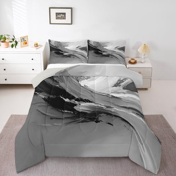 Manfei Female Men Abstract Gradient Oil Painting Full Size Comforter Sets 3-Piece,Grey Black Bedding Comforter Set,Vintage Aesthetic Lightweight Bedding Sets,Lightweight Room Decor,Reversible