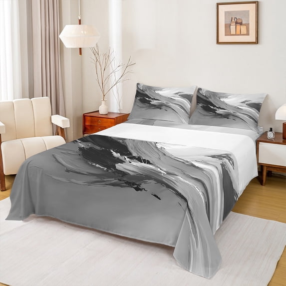 Manfei Female Men Abstract Gradient Oil Painting Full Size Sheets 4-Piece,Grey Black Breathable Bed Sheets,Vintage Aesthetic Lightweight Sheet Sets,Lightweight Room Decor