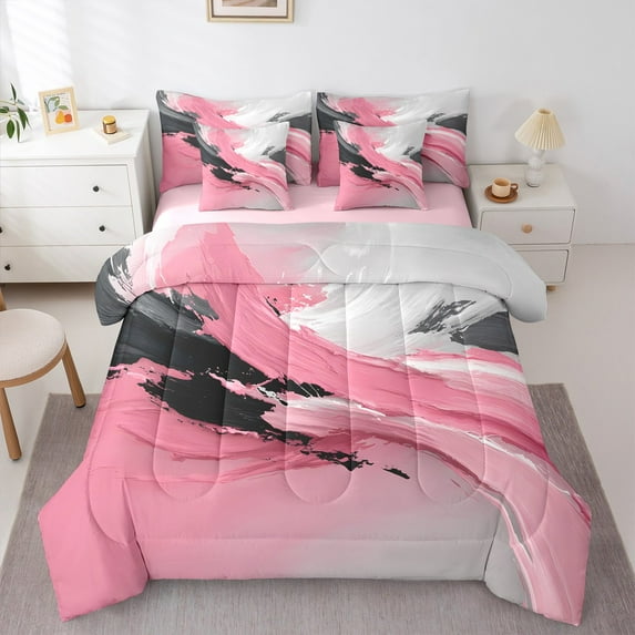 Manfei Female Men Abstract Gradient Oil Painting Twin Bedding Sets 7-Piece,Grey Pink Bedding Comforter Set Microfiber,Vintage Aesthetic Breathable Sheet Sets,Lightweight Room Decor,Reversible