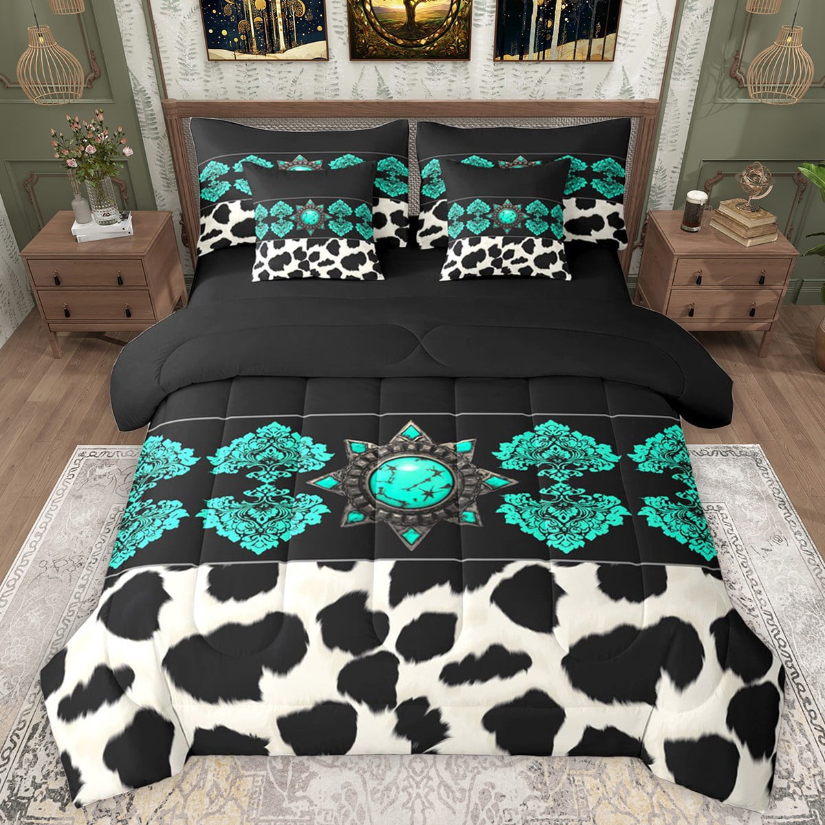 Manfei Female Men Animal Cow Print Bedding Comforter Set 7 Pieces,Boho ...