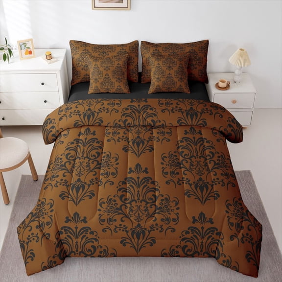 Manfei Female Men Black Damask Bedding Comforter Set 7-Piece,Bohemian Hippie King Bedding Sets,Boho Traditional Flower Ultra Soft Bed Sheets,Luxury Bedroom Decor,Reversible