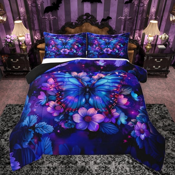 Manfei Female Men Blue Butterfly 3 Pieces Queen Comforter Set,Chic Floral Flowers Ultra Soft Bedding Sets,Abstract Gradient Bedding Comforter Set Breathable,Microfiber Bedroom Decor,Reversible