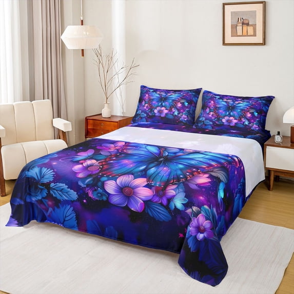 Manfei Female Men Blue Butterfly Twin Sheet Sets 3pcs,Chic Floral Flowers Twin Fitted Sheet Microfiber,Abstract Gradient Breathable Flat Sheet,Microfiber Bedroom Decor