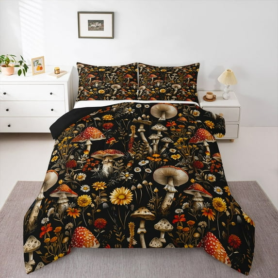 Manfei Female Men Botanical Mushroom 3 Pieces Queen Comforter Set,Chic Flowers Ultra Soft Bedding Sets,Vintage Aesthetics Bedding Comforter Set Breathable,Microfiber Bedroom Decor,Reversible