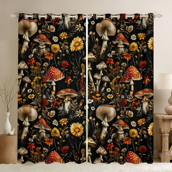Manfei Female Men Botanical Mushroom Black Out Curtains,Chic Flowers Curtains Pack of 2 (42x63 Each),Vintage Aesthetics Bedroom Curtains,Microfiber Bedroom Decor