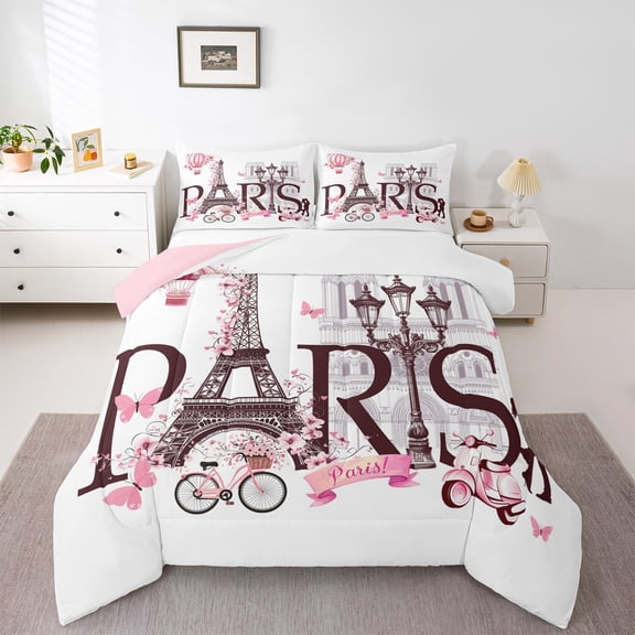 Manfei Female Men Eiffel Tower 3 Pieces Queen Comforter Set,Romantic Paris Ultra Soft Bedding Sets,Happy Valentine's Day Bedding Comforter Set Breathable,Luxury Bedroom Decor,Reversible