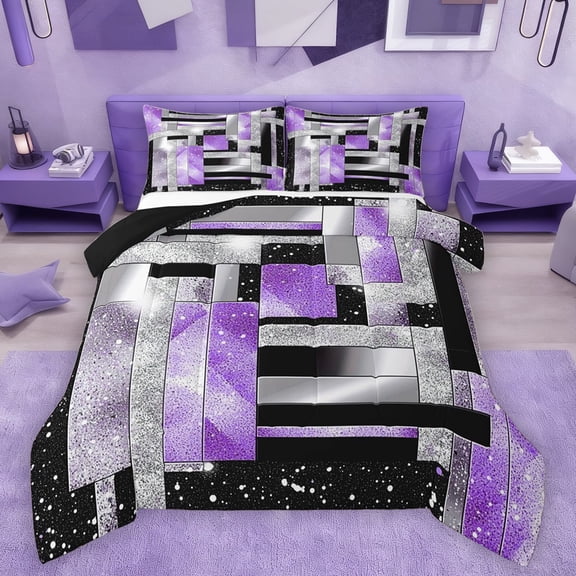 Manfei Female Men Geometric Plaid Rectangle Bedding Comforter Set 2pcs,Abstract Gradient Twin Comforter Sets Microfiber,Bling Glitter Breathable Bedding Set,Luxury Bedroom Decor,Reversible