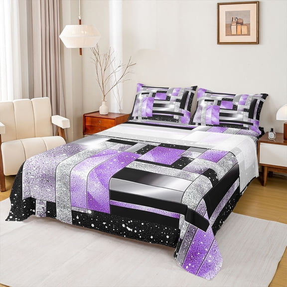 Manfei Female Men Geometric Plaid Rectangle Twin Sheet Sets 3pcs,Abstract Gradient Twin Fitted Sheet Microfiber,Bling Glitter Breathable Flat Sheet,Luxury Bedroom Decor