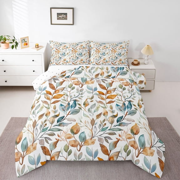 Manfei Female Men Gradient Leaves 3 Pieces Queen Comforter Set,Vintage Aesthetics Ultra Soft Bedding Sets,Botanical Plants Bedding Comforter Set Breathable,Ultra Soft Home Decor,Reversible
