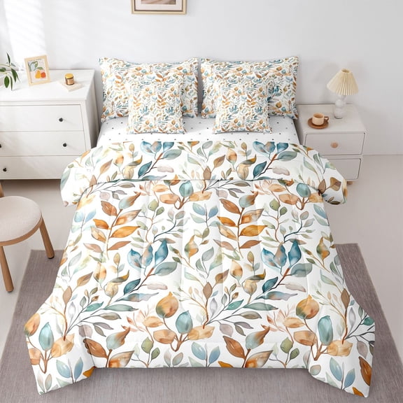 Manfei Female Men Gradient Leaves Bedding Comforter Set 7-Piece,Vintage Aesthetics King Bedding Sets,Botanical Plants Ultra Soft Bed Sheets,Ultra Soft Home Decor,Reversible
