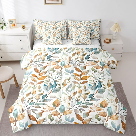 Manfei Female Men Gradient Leaves Bedding Comforter Set 7 Pieces,Vintage Aesthetics Full Bedding Set Lightweight,Botanical Plants Fitted Sheet Flat Sheet,Ultra Soft Home Decor,Reversible