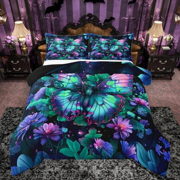 Manfei Female Men Green Butterfly 3 Pieces Queen Comforter Set,Chic Floral Flowers Ultra Soft Bedding Sets,Abstract Gradient Bedding Comforter Set Breathable,Microfiber Bedroom Decor,Reversible