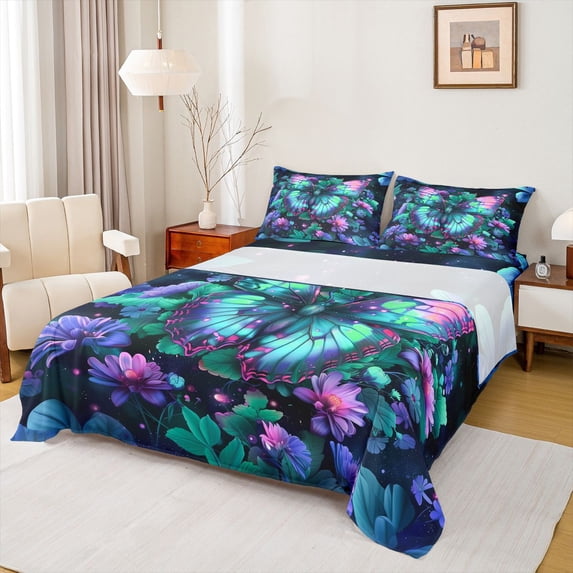 Manfei Female Men Green Butterfly 4 Pieces Queen Sheet Sets,Chic Floral Flowers Ultra Soft Flat Sheet,Abstract Gradient Queen Fitted Sheet,Microfiber Bedroom Decor