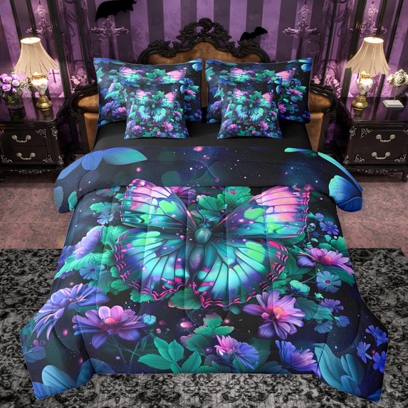 Manfei Female Men Green Butterfly Bedding Comforter Set 7 Pieces,Chic Floral Flowers Full Bedding Set Lightweight,Abstract Gradient Fitted Sheet Flat Sheet,Microfiber Bedroom Decor,Reversible