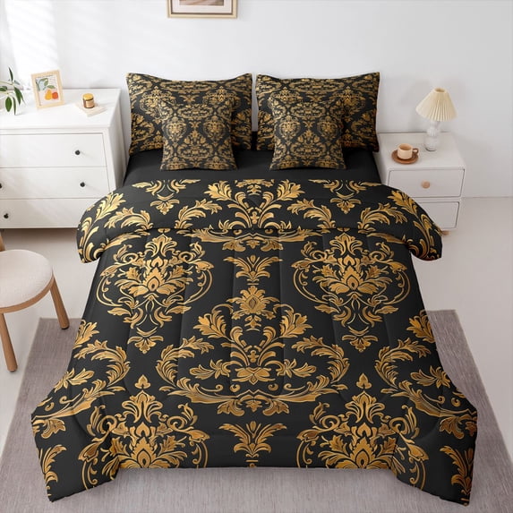Manfei Female Men Hippie Damask Bedding Comforter Set 7pcs,Traditional Flower Queen Bedding Sets Super Cozy,Bohemian Chic Floral Queen Sheet Sets,Luxury Bedroom Decor,Reversible