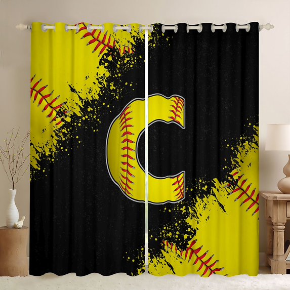 Manfei Female Men Initial Alphabet Baseball C Black Out Curtains,Black Yellow Graffiti Splash Curtains Pack of 2 (42x63 Each),Sport Gamer Bedroom Curtains,Microfiber Bedroom Decor
