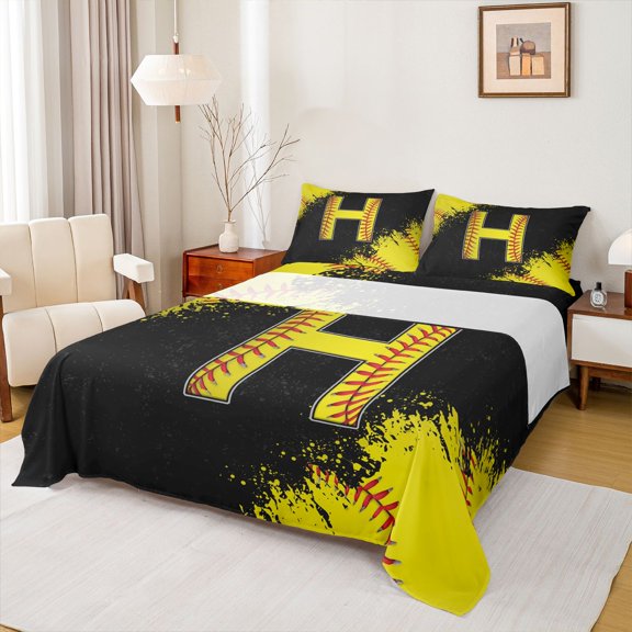 Manfei Female Men Initial Alphabet Baseball H Twin Sheet Sets 3pcs,Black Yellow Graffiti Splash Twin Fitted Sheet Microfiber,Sport Gamer Breathable Flat Sheet,Microfiber Bedroom Decor