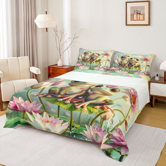 Manfei Female Men Kawaii Frogs 4pcs Bed Sheets,Floral Lotus King Sheets,Happy Valentine's Day Super Cozy Sheet Set,Luxury Bedroom Decor
