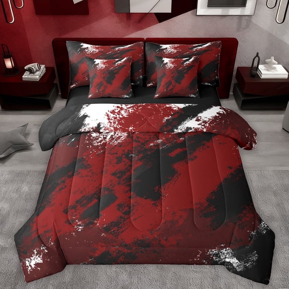 Manfei Female Men Oil Painting Graffiti Bedding Comforter Set 7-Piece,Black Red King Bedding Sets,Vintage Aesthetic Ultra Soft Bed Sheets,Lightweight Room Decor,Reversible