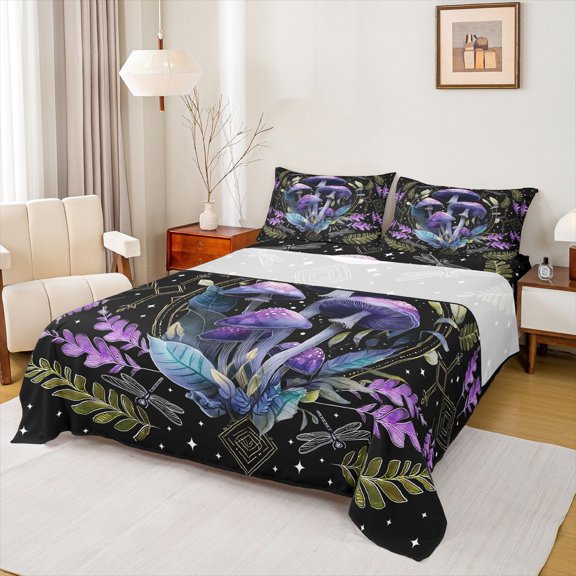 Manfei Female Men Purple Mushroom 4 Pieces Queen Sheet Sets,Starry Sky Ultra Soft Flat Sheet,Botanical Plants Queen Fitted Sheet,Microfiber Bedroom Decor