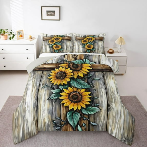 Manfei Female Men Rustic Floral Sunflower 3 Pieces Queen Comforter Set,Lodge Cottage Ultra Soft Bedding Sets,Vintage Retro Bedding Comforter Set Breathable,Microfiber Bedroom Decor,Reversible
