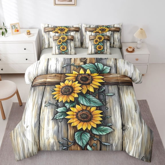 Manfei Female Men Rustic Floral Sunflower Bedding Comforter Set 7 Pieces,Lodge Cottage Full Bedding Set Lightweight,Vintage Retro Fitted Sheet Flat Sheet,Microfiber Bedroom Decor,Reversible
