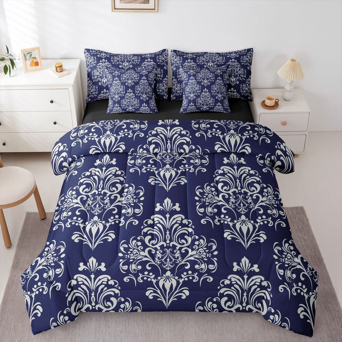 Manfei Female Men White Damask Bedding Comforter Set 7 Pieces,Bohemian ...