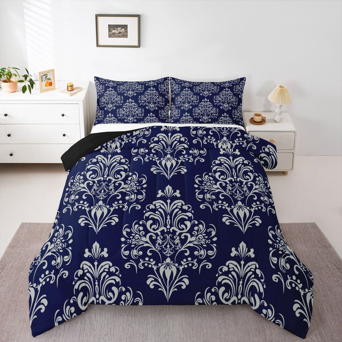 Manfei Female Men White Damask Full Size Comforter Sets 3-Piece ...