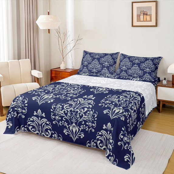Manfei Female Men White Damask Twin Sheet Sets 3pcs,Bohemian Hippie Twin Fitted Sheet Microfiber,Boho Traditional Flower Breathable Flat Sheet,Luxury Bedroom Decor