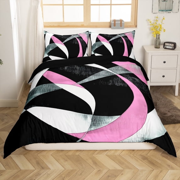 Manfei Female Men Women Abstract Swirl Stripes 2pcs Duvet Cover Twin,Geometric Spiral Lines Bedding Sets Twin Size,Black Pink Comforter Cover Breathable(No Comforter)