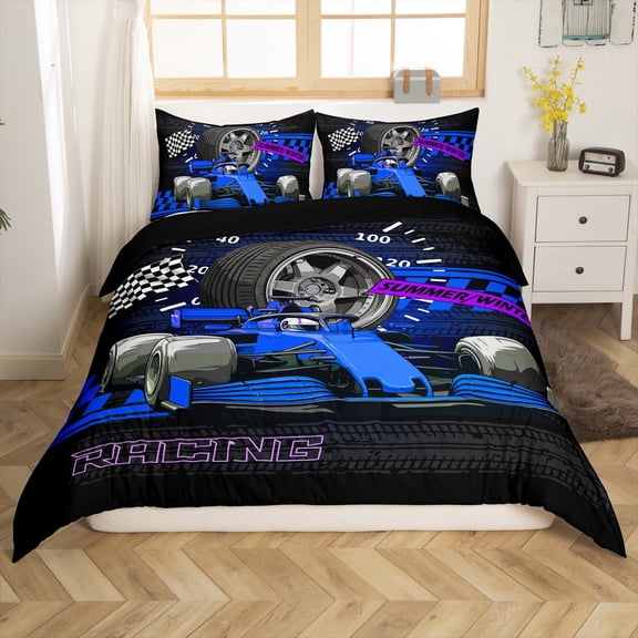 Manfei Female Men Women Fast Car 3pcs Duvet Cover King,Black Blue Ultra Soft Bedding King Size,Car Theme Microfiber Comforter Cover King,Microfiber Geometric Room Decorative(No Comforter)