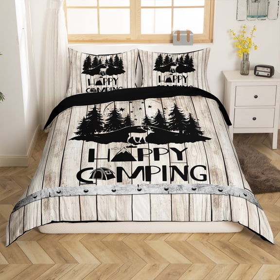 Manfei Female Men Women Happy Camping Full Size Comforter Cover 3-Piece,Jungle Animal Deer Bedding Full Size,Vintage Cabin Cottage Lightweight Duvet Cover,Microfiber Lodge Room Decor(No Comforter)