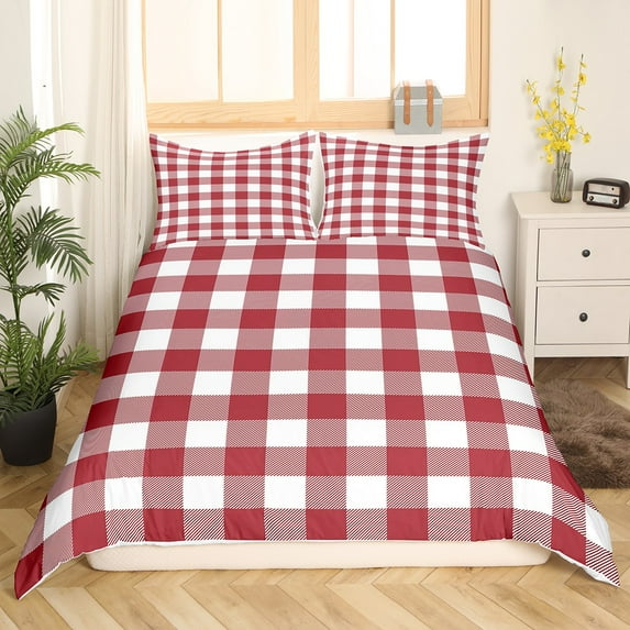Manfei Female Men Women Minimalist Abstract Grid 2-Piece Comforter Cover Toddler Size,Vintage Aesthetic Geometric Buffalo Bedding Sets Toddler Size,Red White Ultra Soft Bed Set(No Comforter)