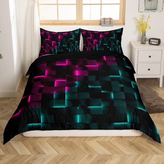 Manfei Female Men Women Minimalist Plaid Buffalo 3pcs Duvet Cover King,Geometric Grid Ultra Soft Bedding King Size,Neon Gradient Microfiber Comforter Cover King(No Comforter)