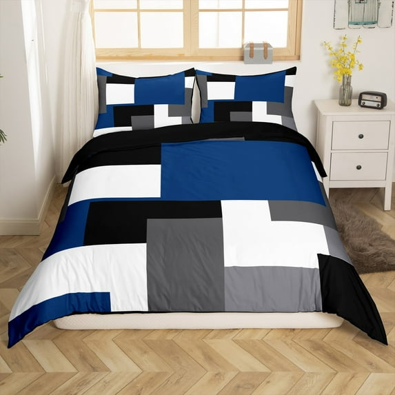 Manfei Female Men Women Sqare Plaid 3pcs Duvet Cover King,Grey Blue Ultra Soft Bedding King Size,Mid Century Geometric Rectangle Microfiber Comforter Cover King(No Comforter)