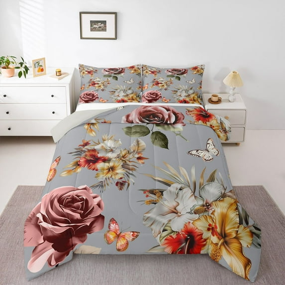 Manfei Female Women Chic Floral Rose Bedding Comforter Set 2pcs,Vintage Aesthetics Twin Comforter Sets Microfiber,Butterflies Flowers Breathable Bedding Set,Luxury Bedroom Decor,Reversible