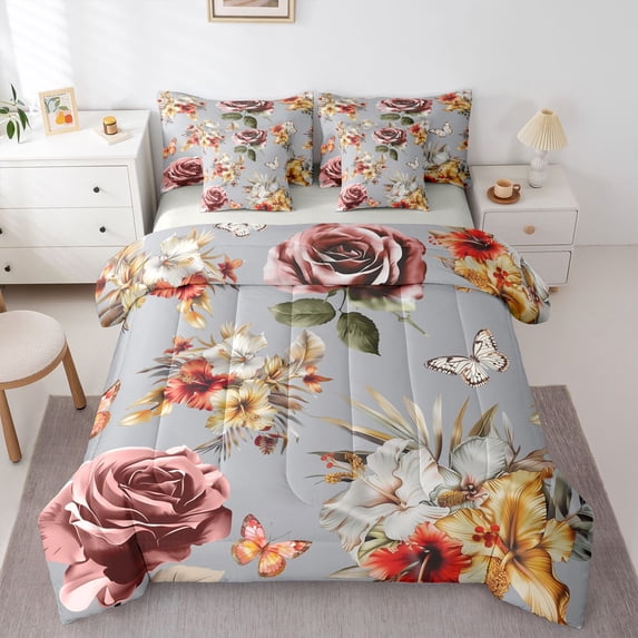 Manfei Female Women Chic Floral Rose Bedding Comforter Set 7pcs,Vintage Aesthetics Queen Bedding Sets Super Cozy,Butterflies Flowers Queen Sheet Sets,Luxury Bedroom Decor,Reversible