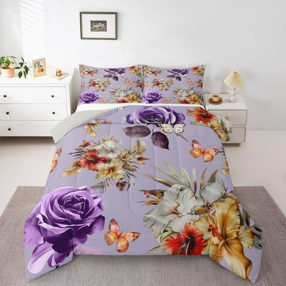 Manfei Female Women Chic Floral Rose Full Size Comforter Sets 3-Piece,Vintage Aesthetics Bedding Comforter Set,Butterflies Flowers Lightweight Bedding Sets,Luxury Bedroom Decor,Reversible