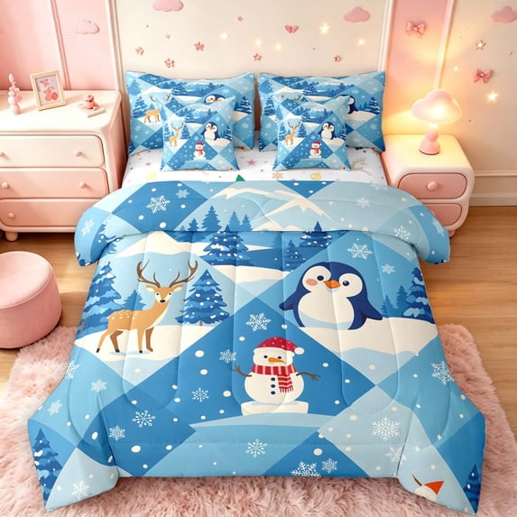 Manfei Festive Christmas 7-Piece Twin Bedding,Snowman Penguin Deer Animals Bedding Comforter Set,Blue White,Christmas Reversible