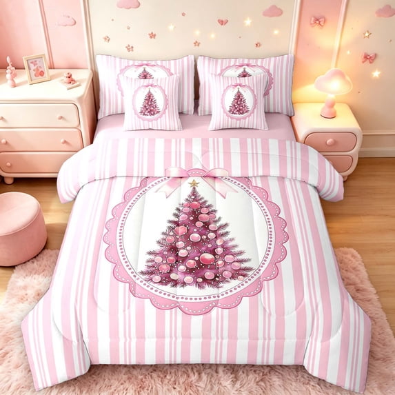 Manfei Festive Christmas Tree 7-Piece King Bedding,Cute Bow Stripes King Bed in a Bag,Pink White,Pink Reversible
