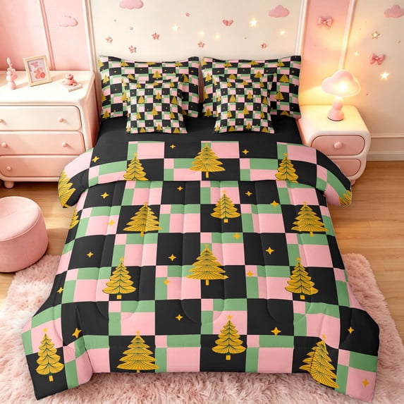 Manfei Festive Christmas Tree 7 Pieces Full Size Bedding Sets,Modern Checkerboard Full Size Bed in a Bag,Green Pink,Black Reversible