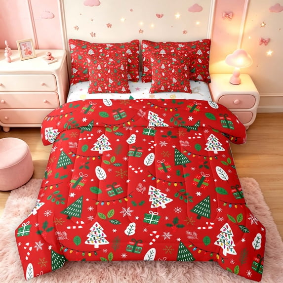 Manfei Festive Christmas Tree 7pcs Queen Bedding,Traditional Snowflake Pine Branch Bedding Comforter Set Queen,Red,Christmas Reversible